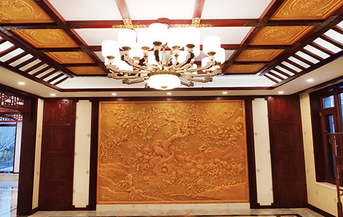 阳朔中式别墅客厅中式木作横梁吊顶装饰展示